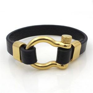 Men's Gold Black Horseshoe Leather Bracelet